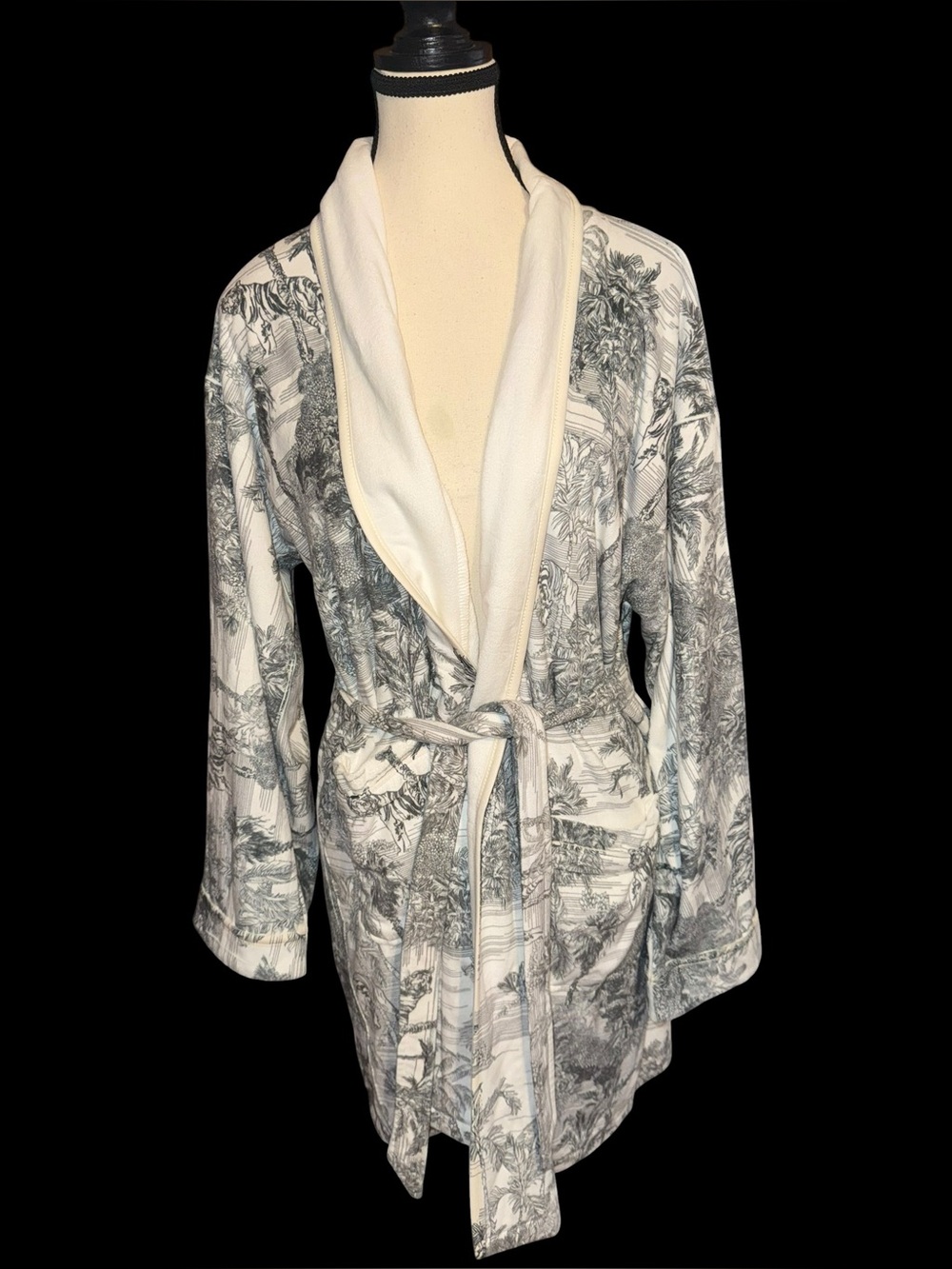 Wrap Up by VP Robe Womens M Ivory Black Toile Print Plush Belted Made USA